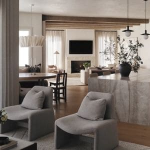 Modern living room with minimalistic decor, cozy seating, and neutral tones. Features include large windows, a TV, and elegant pendant lighting. No people present.