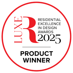 Circular badge stating "LUXE Residential Excellence in Design Awards 2025 Product Winner" in red and black text on a white background.