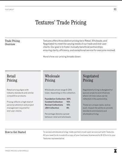 A document outlines Textures' pricing tiers: Retail, Wholesale, Negotiated. It details discounts, pricing strategy, and partnership requirements for account access.