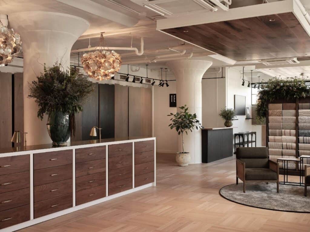 Modern showroom with elegant decor and lighting.