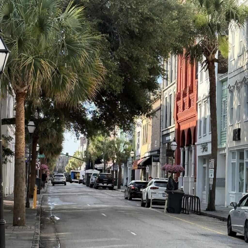 Sunny street with palm trees and colorful buildings.