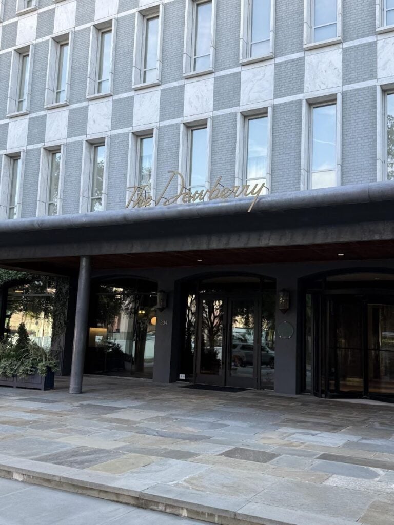 Stylish hotel entrance with modern architecture.