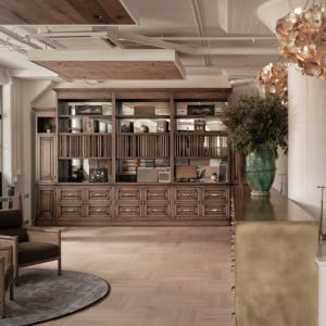 Modern office space with elegant decor and plants.