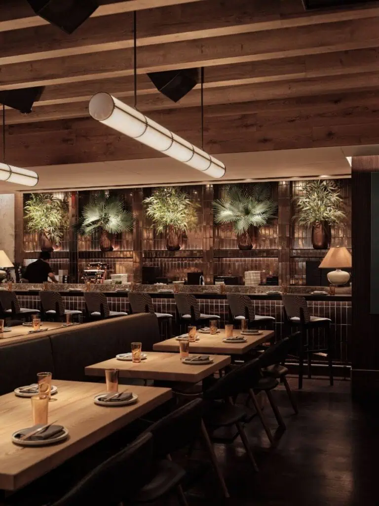 Modern restaurant interior with warm lighting