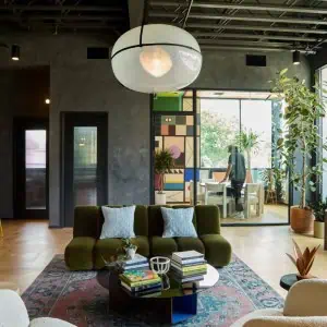 Modern office lounge with colorful decor
